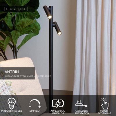 Lucide ANTRIM - wiederaufladbare Stehlampe Mit Leselampe Innen/Außen - Akku/Batterie - LED Dim. - 2x2,2W 2700K - IP54 - Mit kabelloser Ladestation - Schwarz